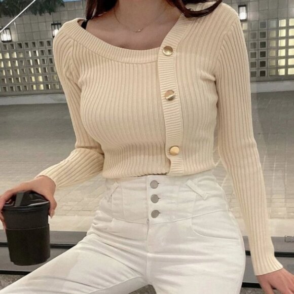 rib knit asymmetrical button detail sweater - Picture 4 of 8